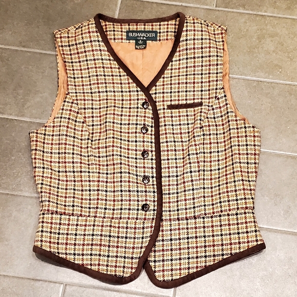 Vintage Bushwacker USA Wool Plaid Button Up V-Neck Vest, Tan/Brown/Red Wm 8, EUC - Picture 2 of 14
